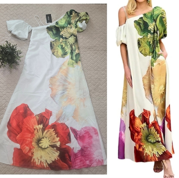 UOOZEE White Floral Flowy Beach Vacation Maxi Dress with Puff Sleeves - NWT - Picture 13 of 15